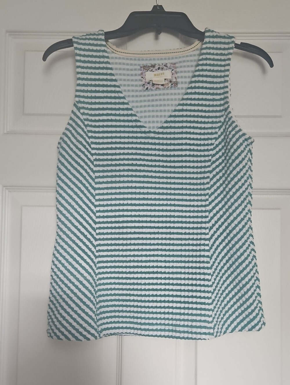 Maeve Striped V-Neck Sleeveless Tank in Teal and White